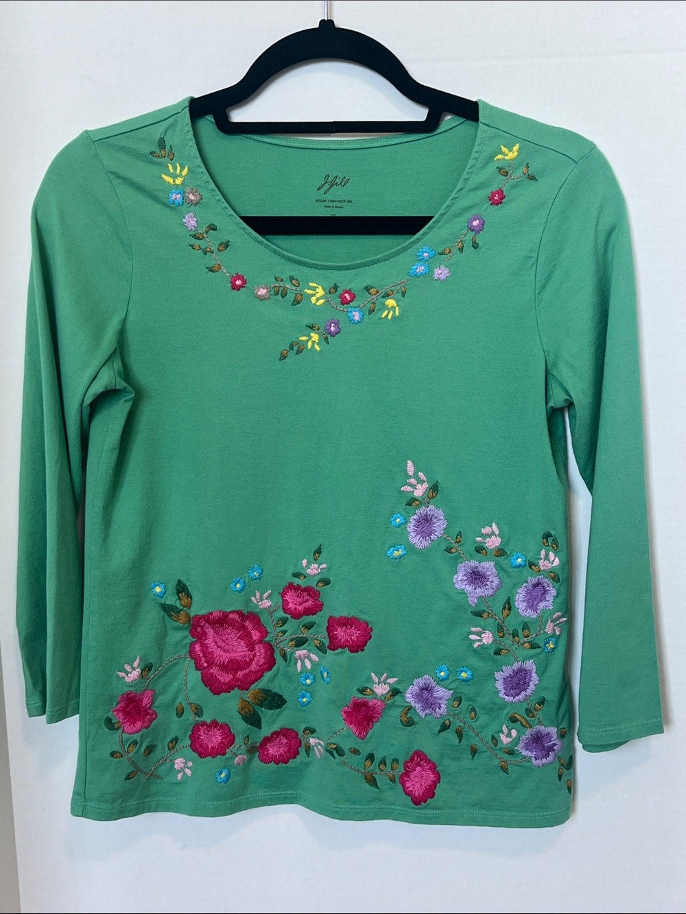 J.Jill Artisan Floral Embroidered crew neck 3/4 sleeve scoop neck Women's Top XS
